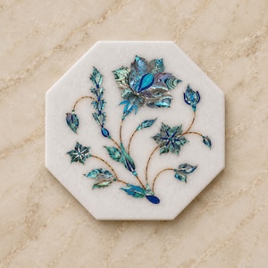 Handmade Turquoise Floral Marble Inlay Tile, Octagon White Marble Stone Tile, Blue Abalone Mosaic Wall Accent, Decorative Backsplash Tile