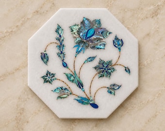 Handmade Turquoise Floral Marble Inlay Tile, Octagon White Marble Stone Tile, Blue Abalone Mosaic Wall Accent, Decorative Backsplash Tile