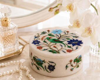 Round White Marble Jewelry Box with Bird and Floral Inlay, Handmade Gemstone Trinket Box, Luxury Keepsake Box, Wedding Gift