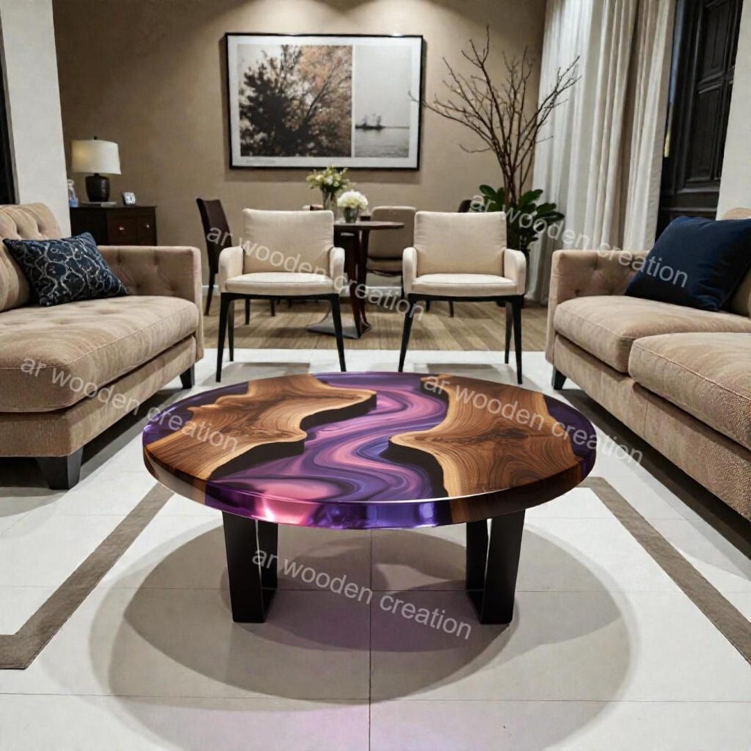 Round Live Edge Epoxy Coffee Table Walnut Side Table Mid Century Modern ...