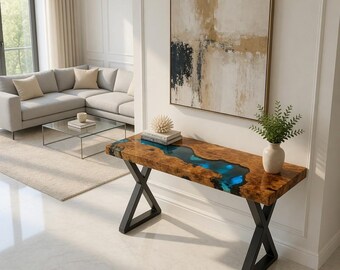 Ocean Blue Epoxy River Console Table, Live Edge Wood Resin Sofa Table, Modern Entryway Table, Handmade Luxury Hallway Furniture Decor