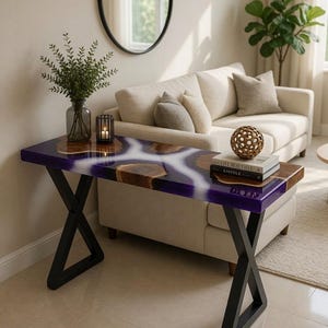 Mesa de console em resina epóxi roxa, mesa de entrada moderna em resina, mesa de destaque em madeira com borda natural, mesa de sofá de luxo para corredor, móvel de destaque feito à mão