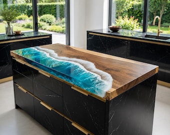 Ocean Wave Epoxy Resin Countertop, Live Edge Wood Kitchen Island Top, Blue Coastal Bar Counter, Custom Handmade Worktop