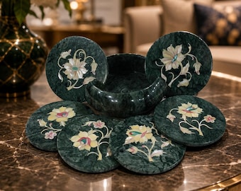 Handmade Green Marble Coaster Set with Floral Inlay, Round Stone Drink Coasters, Pietra Dura Table Decor, Luxury Gift Set