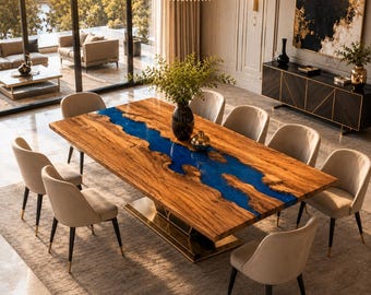 Luxury Blue River Epoxy Dining Table, Handmade Wooden Resin Table, Modern Live Edge Dining Room Table, Custom Large Statement Furniture
