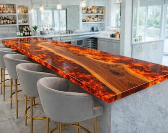 Luxury Lava Flow Epoxy River Dining Table, Fire Orange Resin Wood Slab, Modern Kitchen Island Top, Handmade Custom Furniture USA