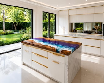 Purple Ocean Epoxy Countertop, Live Edge Wood Kitchen Island Slab, Blue Resin Wave Bar Top, Custom Coastal Worktop