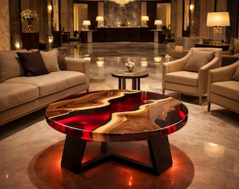 Crimson Resin River Coffee Table Round, Solid Wood Artistic Table, Luxury Statement Centerpiece, Contemporary Designer Living Room Furniture
