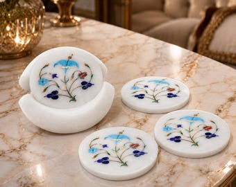 Handmade White Marble Coaster Set with Blue Floral Inlay, Round Stone Drink Coasters, Pietra Dura Table Decor, Luxury Gift Set