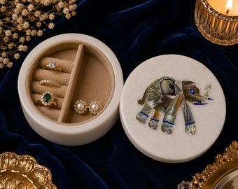 Round White Marble Jewelry Box with Elephant Inlay, Handmade Mother of Pearl Ring Organizer, Luxury Keepsake Wedding Gift