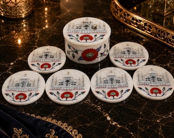 Handmade Taj Mahal Marble Coaster Set, White Stone Drink Coasters with Floral Inlay, Indian Pietra Dura Table Decor, Luxury Gift