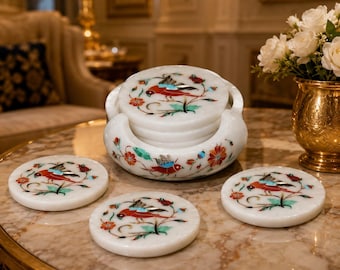 Handmade White Marble Coaster Set with Bird Inlay, Round Stone Drink Coasters, Pietra Dura Floral Table Decor, Luxury Gift Set