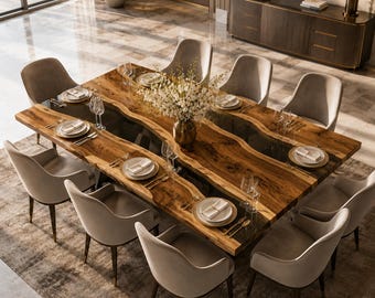 Luxury Live Edge Wood Epoxy Dining Table, Handmade Resin River Dining Table, Modern Wooden Conference Table, Custom Large Dining Room Table