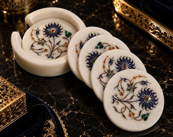 Handmade Marble Coaster Set with Bird Inlay, White Stone Drink Coasters, Floral Pietra Dura Table Decor, Luxury Home Gift Set