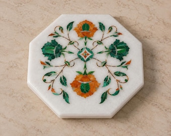 Handmade Green Orange Marble Inlay Tile, Octagon Floral Stone Tile, Malachite Carnelian Mosaic Tile, White Marble Decorative Wall Accent