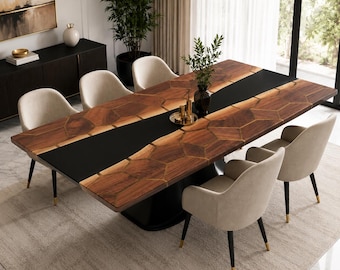 Modern Honeycomb Wood Dining Table, Handmade Black Resin Dining Table, Luxury Geometric Wooden Table, Custom Statement Dining Room Table