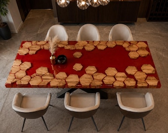 Red Honeycomb Epoxy Dining Table, Handmade Wood Resin Table, Luxury Geometric Dining Room Table, Custom Modern Statement Table