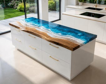 Blue Ocean Epoxy Countertop, Live Edge Wood Kitchen Island Top, Coastal Wave Resin Bar Slab, Custom Handmade Worktop