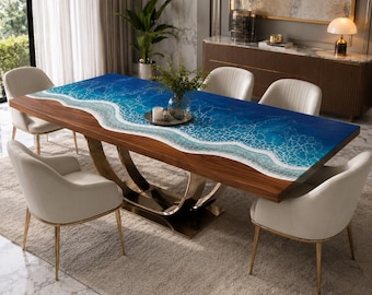 Blue Ocean Epoxy Dining Table, Handmade Wood Resin Wave Table, Luxury Coastal Dining Room Table, Custom Live Edge Statement Furniture