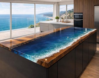 May include: A kitchen island with a unique countertop design. The countertop features a dark wood edge with a blue and white resin design resembling ocean waves. The island has dark cabinets and is set against a backdrop of a coastal view.