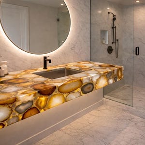 Luxury Honeyagate Bathroom Vanity Countertop, Custom Gemstone Vanity Top, Natural Agate Stone Sink Counter, Luxury Bathroom Decor