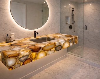Luxury Honeyagate Bathroom Vanity Countertop, Custom Gemstone Vanity Top, Natural Agate Stone Sink Counter, Luxury Bathroom Decor