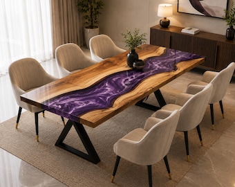 Purple Epoxy River Dining Table, Handmade Live Edge Wood Resin Table, Luxury Modern Dining Room Table, Custom Wooden Conference Table