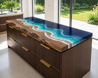 Coastal Ocean Epoxy Kitchen Island Top, Live Edge Walnut Countertop, Blue Resin Beach Wave Bar Slab, Custom Wood Worktop
