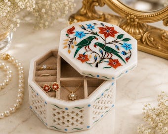 Octagonal White Marble Jewelry Box with Parrot and Floral Inlay, Handmade Carved Jali Jewellery Organizer, Luxury Wedding Gift