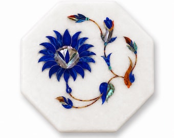 Handmade Blue Lotus Marble Inlay Tile, Octagon Floral Stone Tile, Lapis Lazuli Decorative Mosaic Tile, White Marble Wall Accent