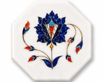 Handmade Blue Lotus Marble Inlay Tile, Octagon Floral Stone Tile, Lapis Lazuli Coral Mosaic Tile, White Marble Decorative Accent Tile