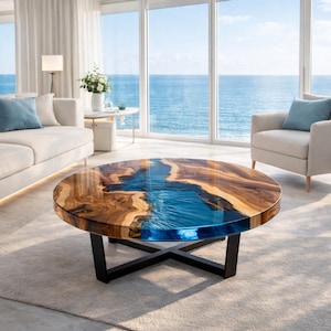 Mesa de centro redonda Ocean Epoxy River, mesa de resina de madera con borde natural, mesa de centro estilo agua azul, decoración de mesa de centro de lujo hecha a mano
