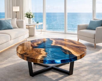 Ocean Epoxy River Coffee Table Round, Live Edge Wood Resin Table, Blue Water Style Center Table, Luxury Handmade Coffee Table Decor