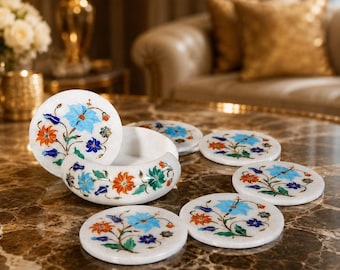 Handmade White Marble Coaster Set with Colorful Floral Inlay, Round Stone Drink Coasters, Pietra Dura Table Decor, Luxury Gift Set