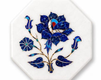 Handmade Blue Floral Marble Inlay Tile, Octagon Lapis Lazuli Stone Tile, White Marble Decorative Mosaic Wall Accent Tile