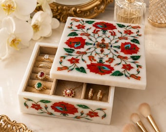 White Marble Jewelry Box with Red Rose Inlay, Handmade Gemstone Jewellery Organizer, Luxury Keepsake Box, Bridal Wedding Gift