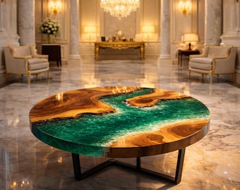 Emerald Ocean Resin Coffee Table Round, Natural Wood River Table, Luxury Statement Centerpiece, Modern Handmade Living Room Furniture