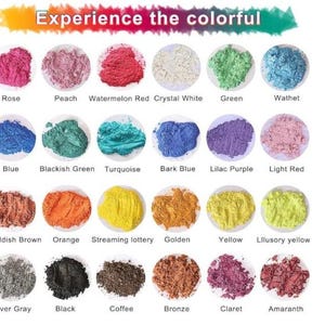 May include: A collection of colorful powders in small circular containers. The powders are labeled with names like "Rose," "Blue," and "Orange." The text "Experience the colorful" is at the top of the image. The powders are in a variety of colors.