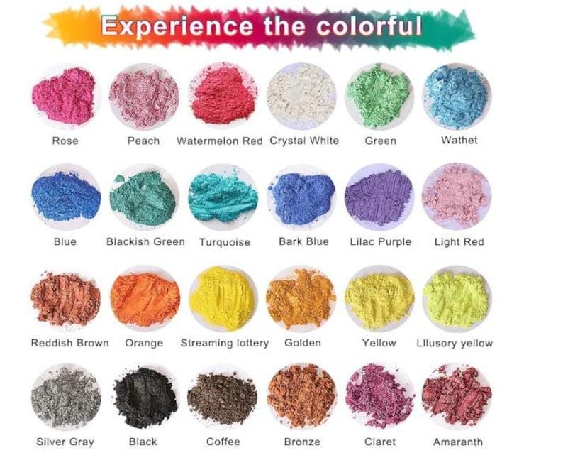 May include: A collection of colorful powders in small circular containers. The powders are labeled with names like "Rose," "Blue," and "Orange." The text "Experience the colorful" is at the top of the image. The powders are in a variety of colors.