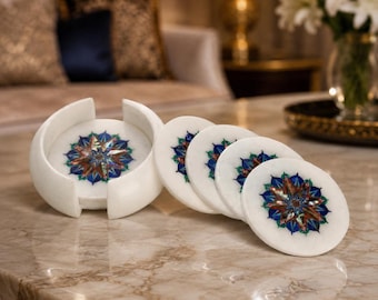Handmade White Marble Coaster Set with Mandala Inlay, Round Stone Drink Coasters, Pietra Dura Table Decor, Luxury Gift Set