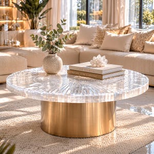 May include: A circular coffee table with a mosaic top and a gold-coloured base. It features two books titled "Luxury Interiors" and "Natural Stone & Crystals", a crystal ornament, and a vase with foliage.