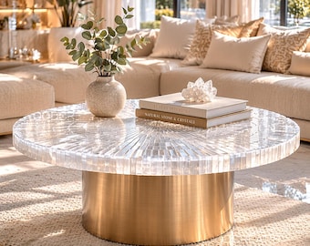 Luxury Selenite Coffee Table Round, Crystal Stone Center Table, Modern Gold Base Living Room Table, Handmade Designer Furniture Decor