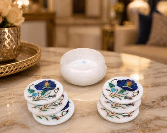Handmade White Marble Coaster Set with Blue Floral Inlay, Round Stone Drink Coasters, Pietra Dura Table Decor, Luxury Home Gift