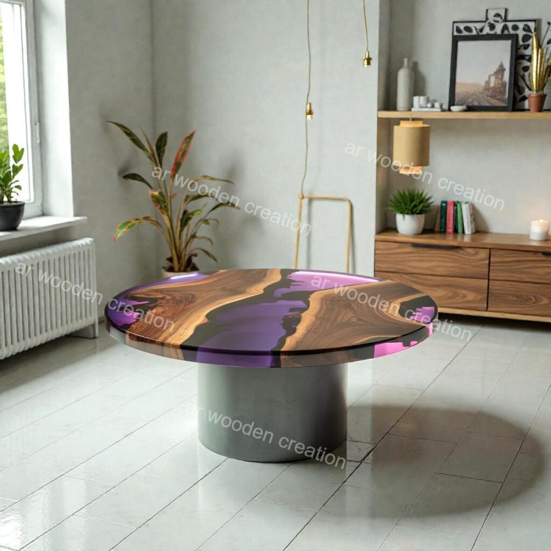 Round Live Edge Epoxy Coffee Table Walnut Side Table Mid Century Modern ...
