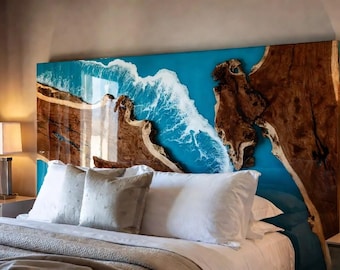 Crashing Wave Epoxy Headboard, Live Edge Wood Bed Backboard, Handmade Blue Resin Coastal Bedroom Wall Panel