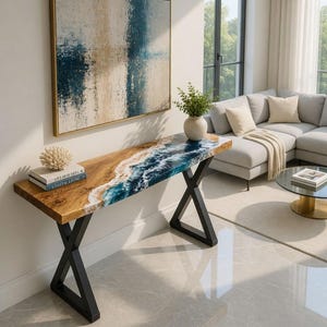 Ocean Epoxy Console Table, Live Edge Wood Resin Entryway Table with X Legs, Coastal Luxury Furniture, Handmade Hallway Table