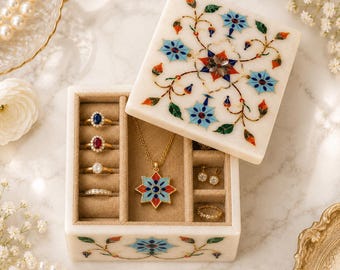 White Marble Jewelry Box with Blue Floral Inlay, Handmade Gemstone Jewellery Organizer, Luxury Keepsake Box, Wedding Gift