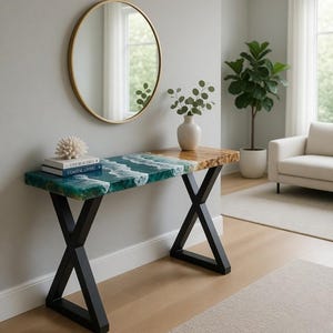 Ocean Epoxy Console Table, Live Edge Wood Resin Entryway Table with X Legs, Coastal Hallway Table, Handmade Modern Furniture