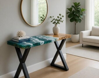 Ocean Epoxy Console Table, Live Edge Wood Resin Entryway Table with X Legs, Coastal Hallway Table, Handmade Modern Furniture