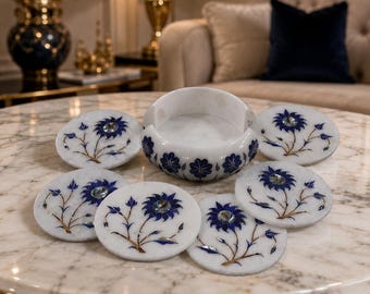 Handmade White Marble Coaster Set with Blue Flower Inlay, Round Stone Drink Coasters, Pietra Dura Table Decor, Luxury Gift